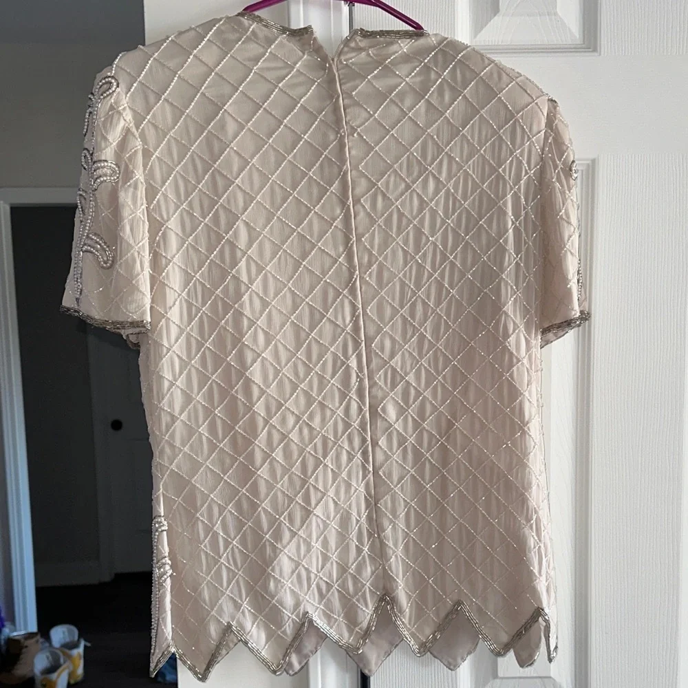 Papell Boutique Cream Beaded Blouse 100% Silk - Picture 6 of 8